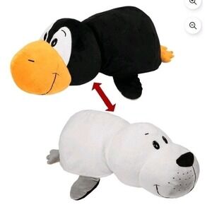 FlipaZoo Plush 16" Plush 2 in 1 Pillow Black Penguin‎ Transforming White Seal